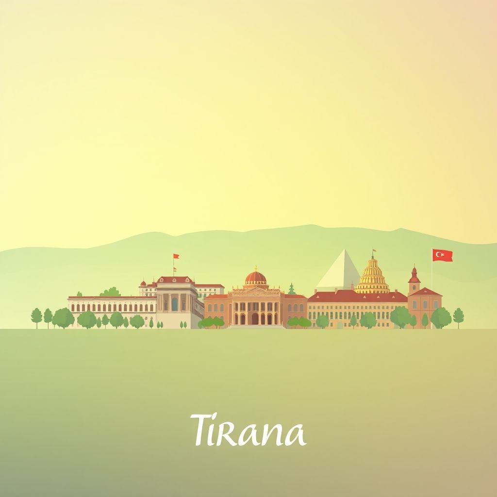 Gradient illustration of Tirana, Albania, featuring Skanderbeg Square, the Pyramid of Tirana, traditional costumes, and Tavë Kosi.