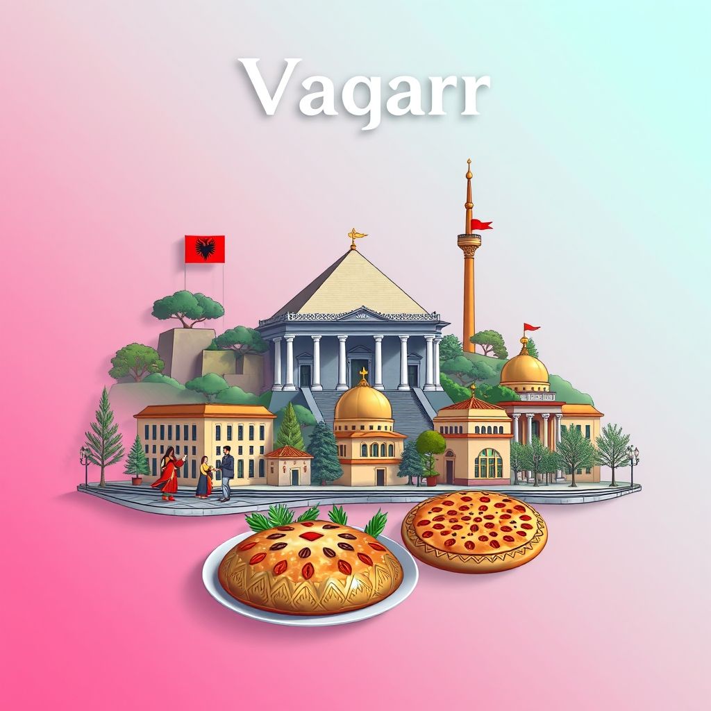 Ultra-high-definition gradient illustration of Vaqarr, featuring Skanderbeg Square, the Pyramid of Tirana, traditional Albanian folk dances, tavë kosi, and byrek.