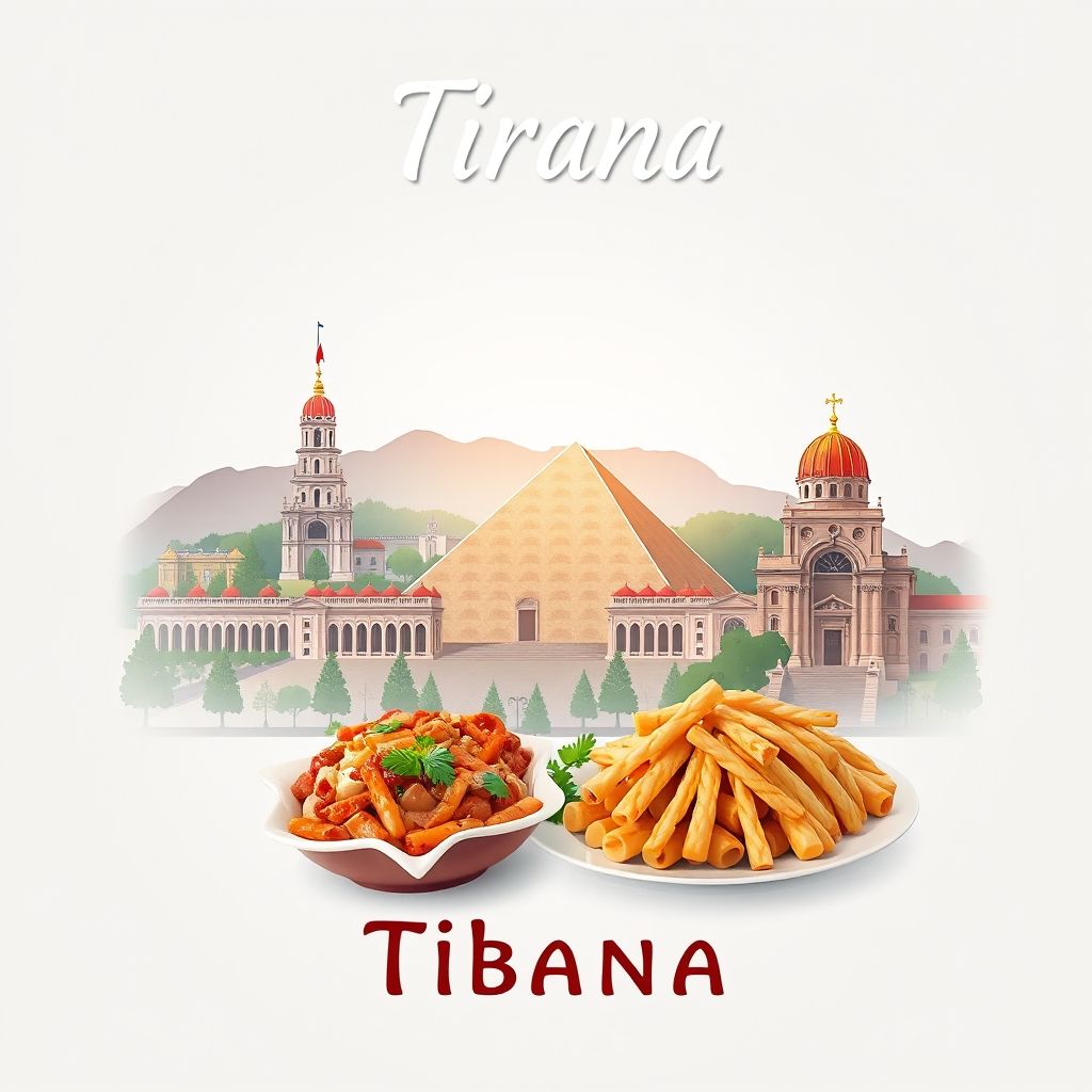 Ultra-high-definition gradient illustration of Tirana, Albania, featuring Skanderbeg Square, the Pyramid of Tirana, and traditional Albanian food like tavë kosi.