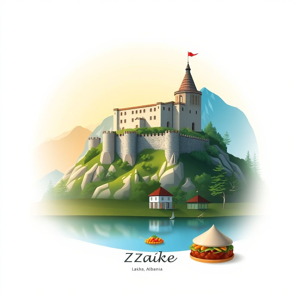 Gradient illustration of Komuna e Kelmendit with Rozafa Castle, Lake Shkoder, and Tavë Kosi.