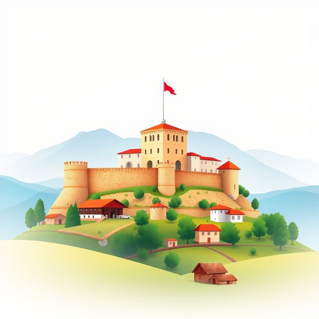 Ultra-high-definition gradient illustration of Roskovec, Fier County, Albania, featuring Roskovec Castle, countryside, folk costumes, and Albanian coffee.