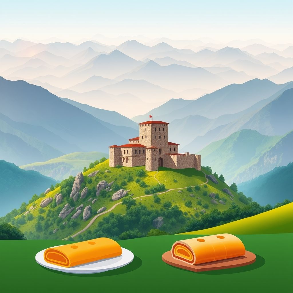 Ultra-high-definition gradient illustration of Komuna e Lopësit, featuring Tepelene Castle, mountains, and local specialties like qofte and baklava.