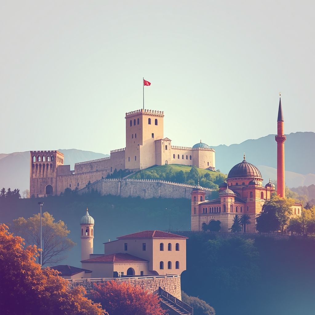 Ultra-high-definition gradient illustration of Shkoder, Albania, featuring Rozafa Castle, the Lead Mosque, and Tave Kosi.