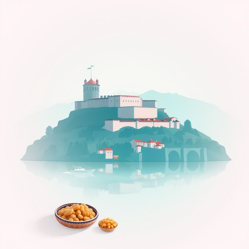 Ultra-high-definition gradient illustration of Shllaku, Albania, featuring Shkodra Castle, Shkodër Lake, traditional folk costumes, ancient city walls, and Tavë Kosi.