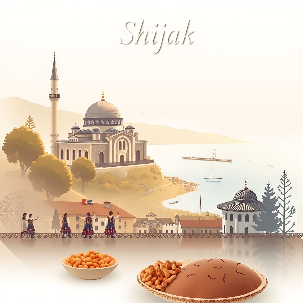 Ultra-high-definition gradient illustration of Shijak, Durres County, Albania, featuring the Shijak Mosque, Adriatic Sea, traditional Albanian folk dance costumes, and tavë kosi.