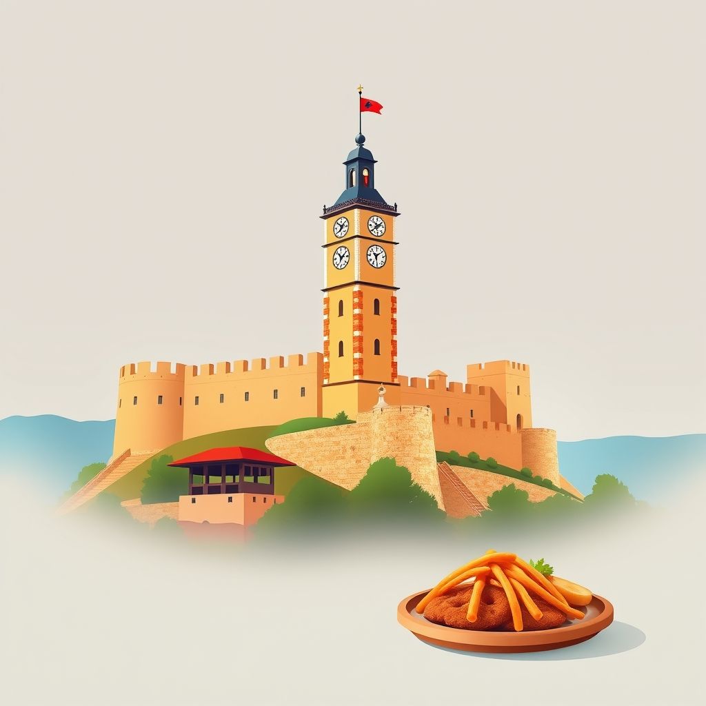 Ultra-high-definition gradient illustration of Komuna e Shezës, Bashkia Peqin, Elbasan County, Albania, featuring the Clock Tower of Elbasan, Elbasan Castle, and traditional food Tavë Kosi.