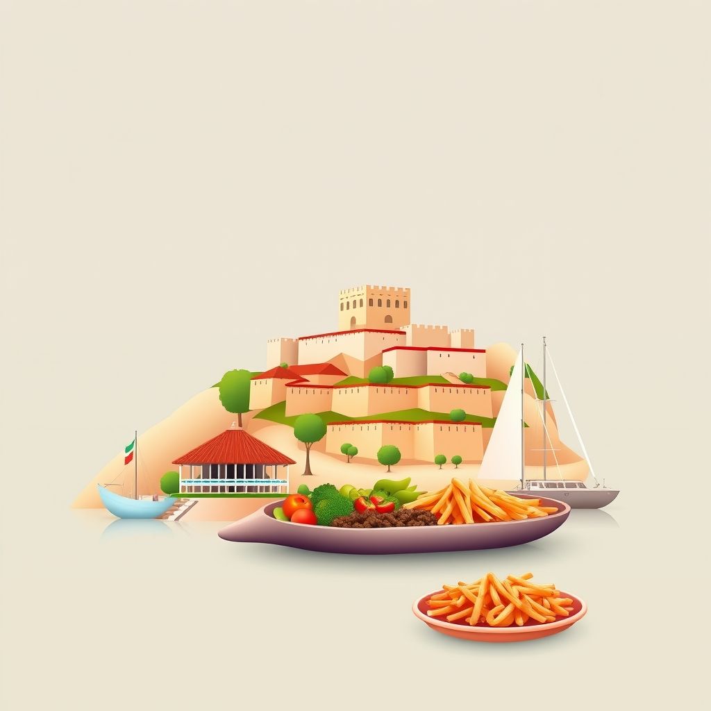 Ultra-high-definition gradient illustration of Shëngjin, Albania, featuring Shëngjin Beach, Rozafa Castle, and Tavë Kosi.