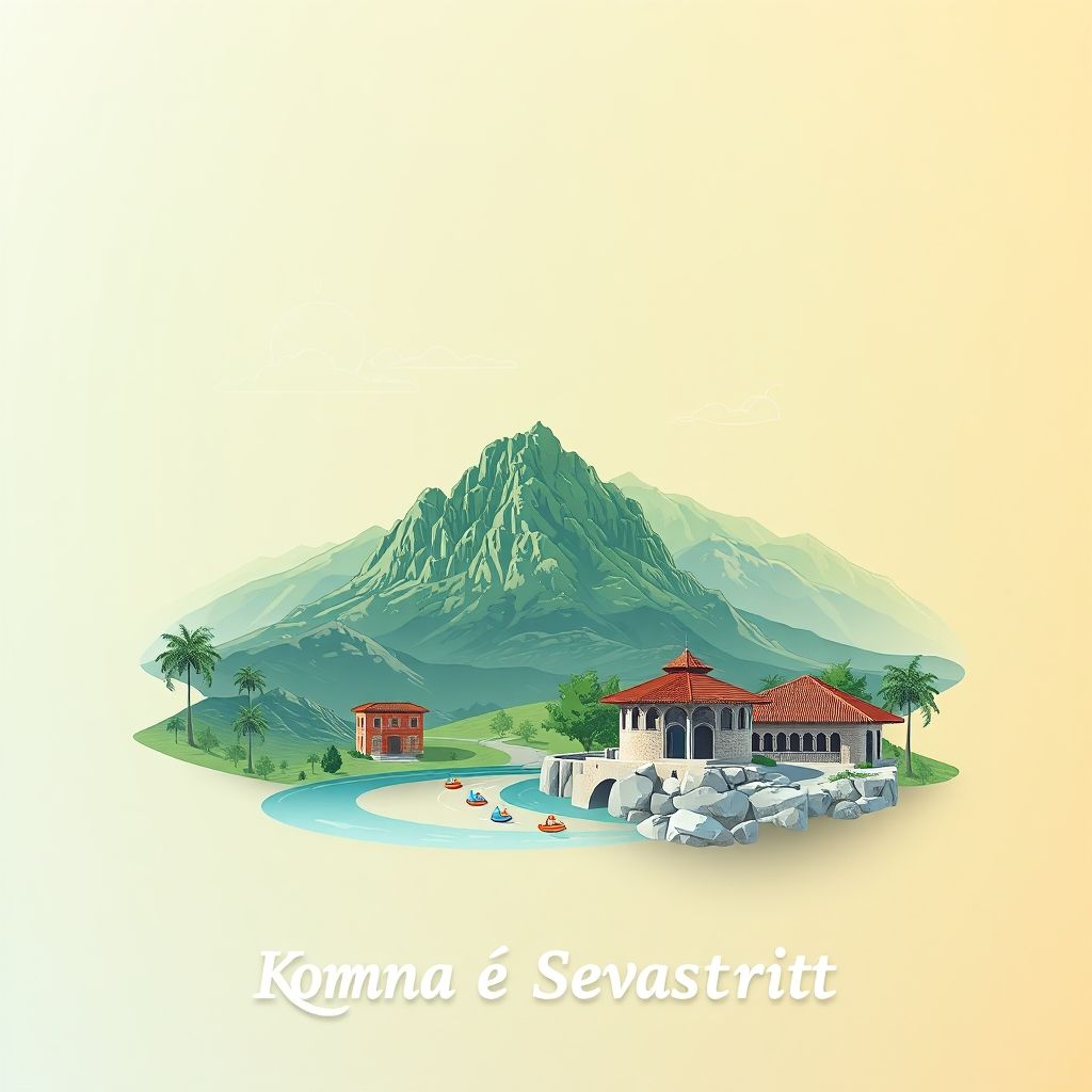Ultra-high-definition gradient illustration of Komuna e Sevasterit, Bashkia Selenice, Vlore County, Albania, featuring the Selenice Mine, beautiful landscapes, and traditional Albanian cuisine.