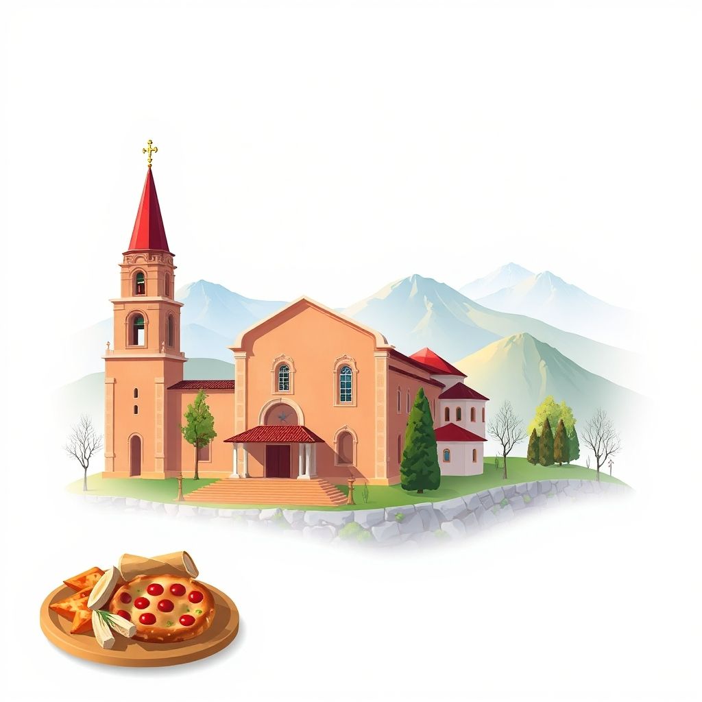 Ultra-high-definition gradient illustration of Bashkia e Rubikut, Albania, featuring St. Anthony's Church, landscapes, and traditional Albanian cuisine.