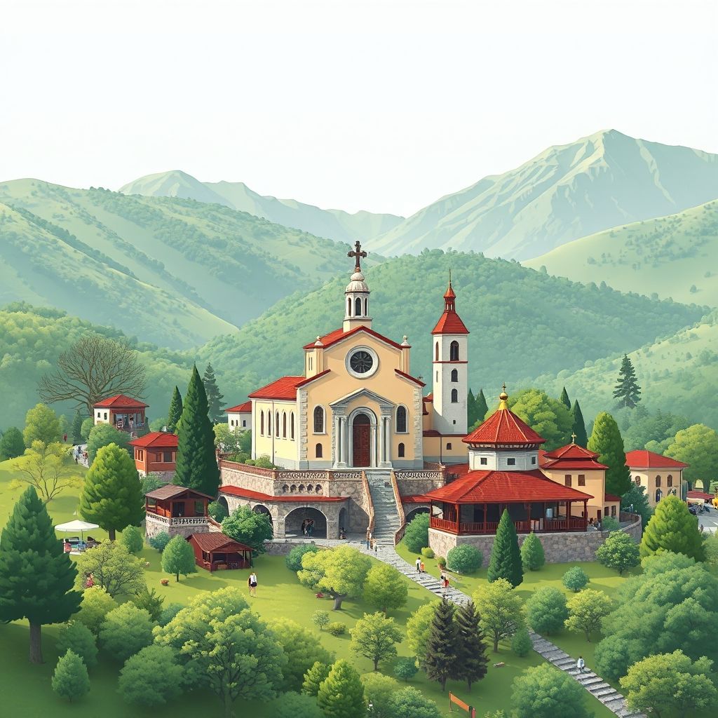 Ultra-high-definition gradient illustration of Rrëshenit, featuring St. Alexander's Church, lush landscapes, and local cultural elements with a hint of traditional Albanian cuisine.