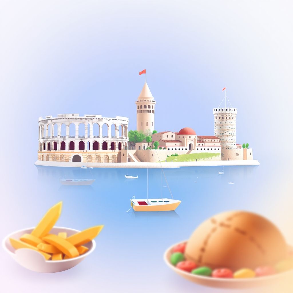 Ultra-high-definition gradient illustration of Durres, Albania, featuring the Durres Amphitheatre, Venetian Tower, and Tave Kosi.