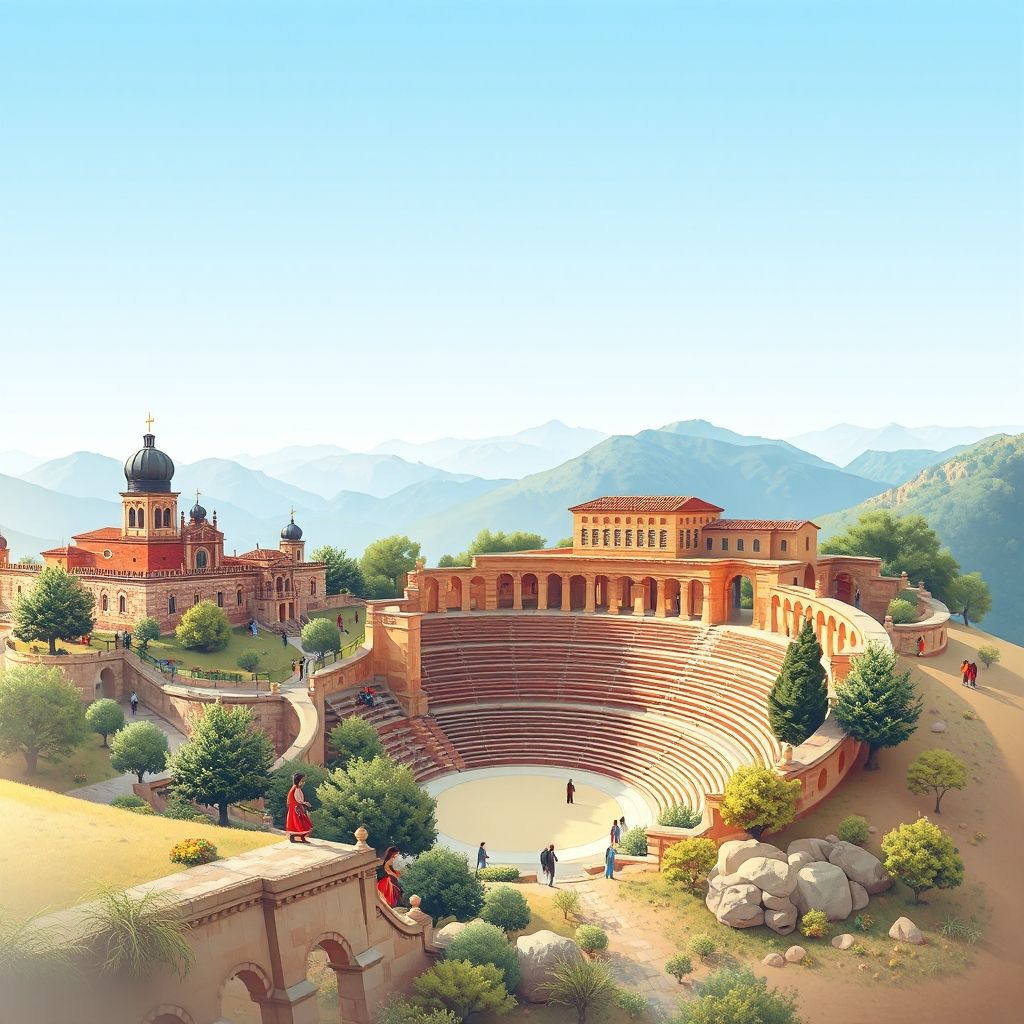 Ultra-high-definition gradient illustration of Komuna e Rrasës, Bashkia Belsh, Elbasan County, Albania, featuring the Belsh Amphitheatre, historic sites, folk dances, and Tavë Kosi.