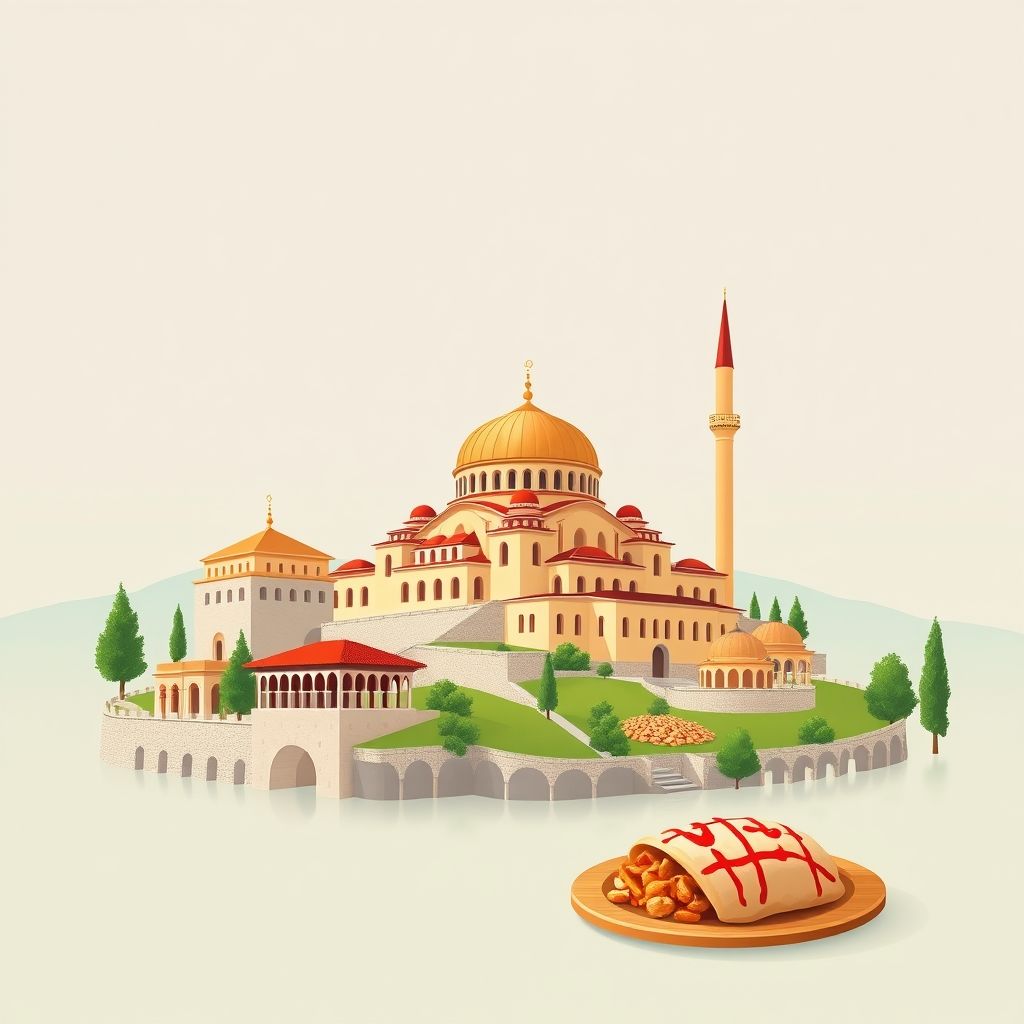 Ultra-high-definition gradient illustration of Roskovec, Fier County, Albania, featuring the Roskovec Mosque, archaeological sites, and tavë kosi.