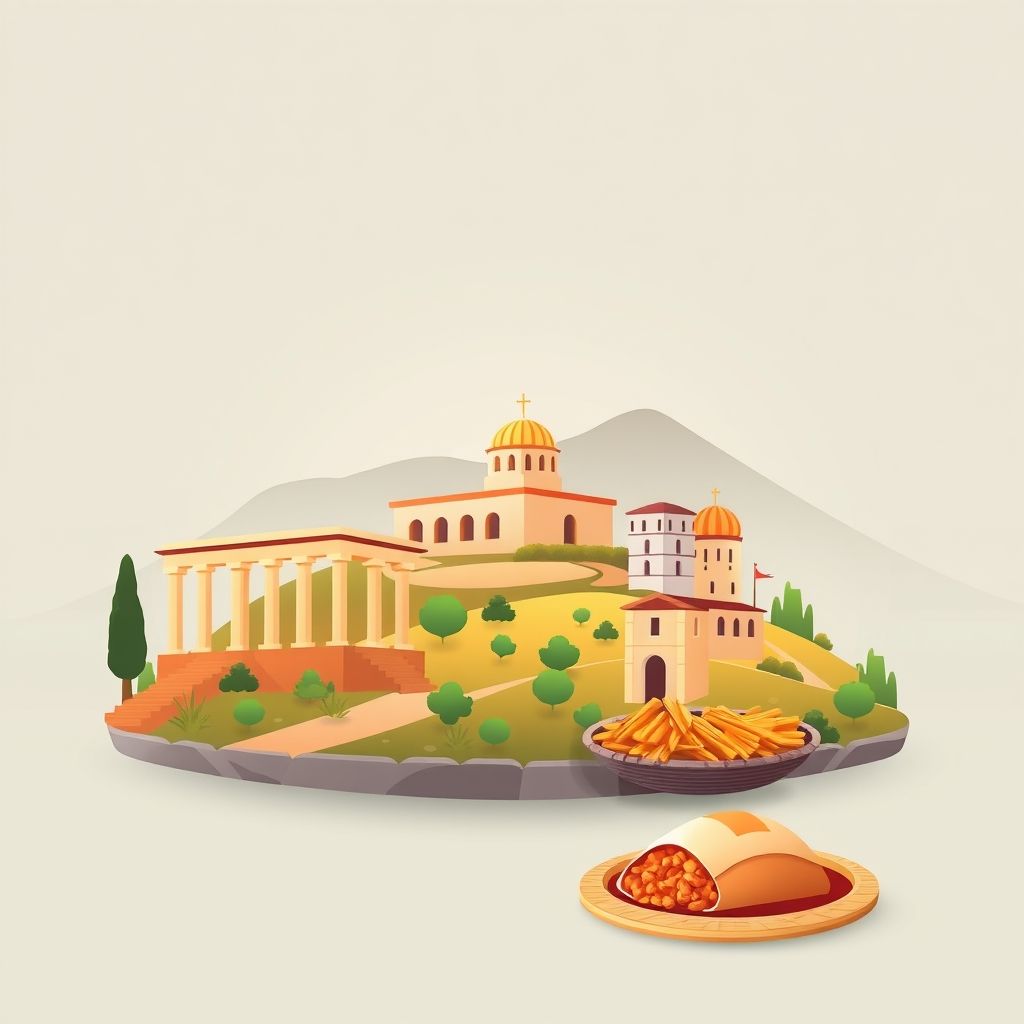 Ultra-high-definition gradient illustration of Komuna e Remasit, featuring the ancient ruins of Apollonia, Ardenica Monastery, and tavë kosi, highlighting the region's unique charm.
