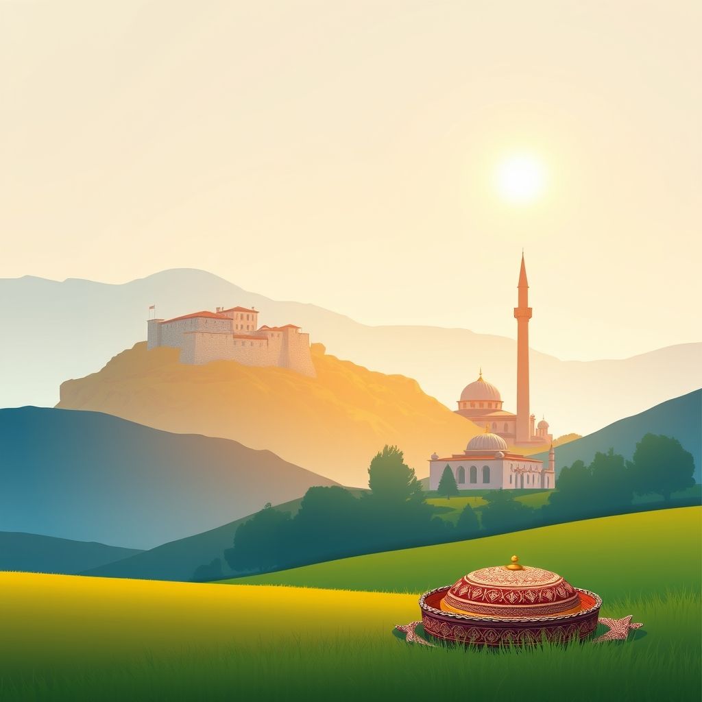 Ultra-high-definition gradient illustration of Komuna e Qelëzës, Bashkia Puke, Shkoder County, Albania, featuring Rozafa Castle, the Lead Mosque, and traditional Albanian culture.