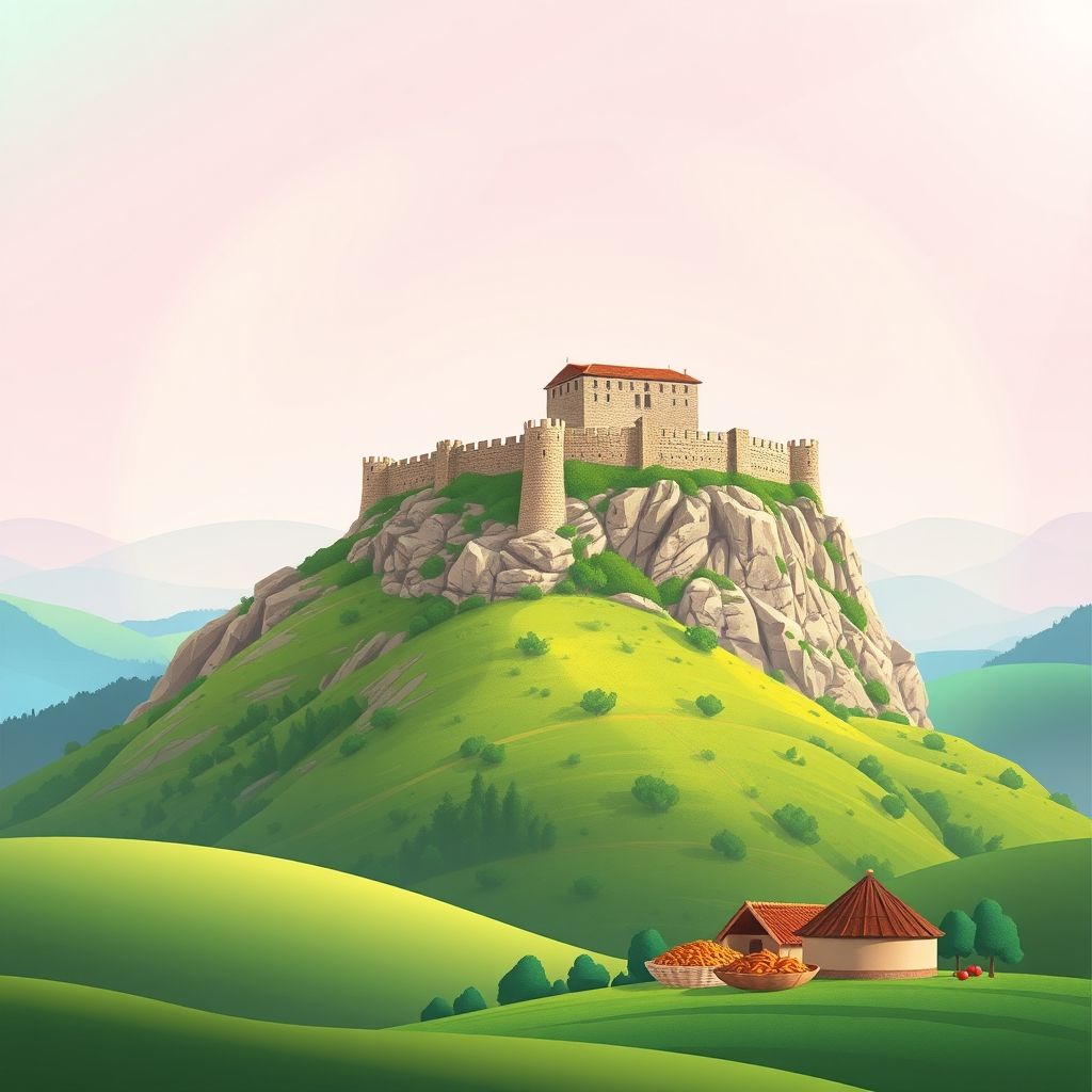 Ultra-high-definition gradient illustration of Bashkia e Pukës, featuring the Rozafa Castle and Tavë Kosi.