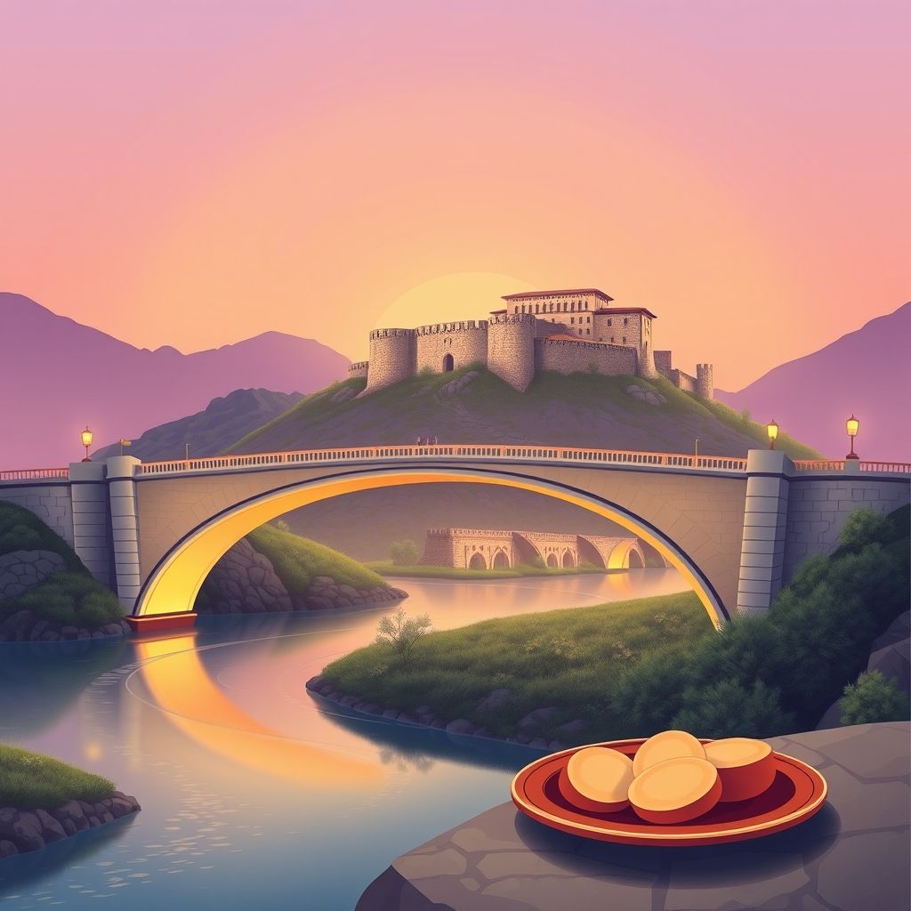 Ultra-high-definition gradient illustration of Komuna e Kurveleshit, featuring Ali Pasha Bridge, Tepelena Castle, and tavë kosi, highlighting Albanian culture.