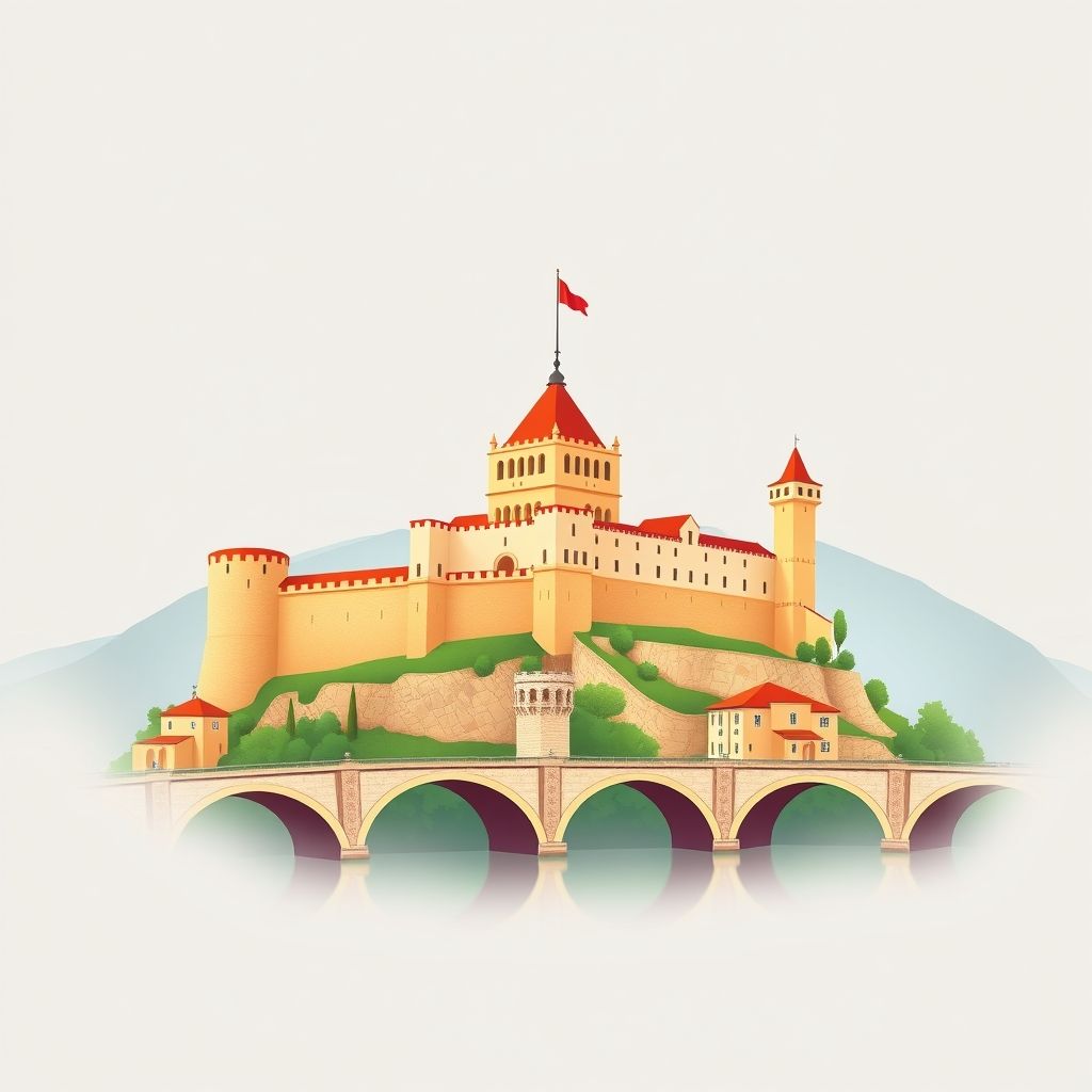 Ultra-high-definition gradient illustration of Komuna e Poshnjës, featuring Berat Castle, Gorica Bridge, and tavë kosi, showcasing Albanian culture.