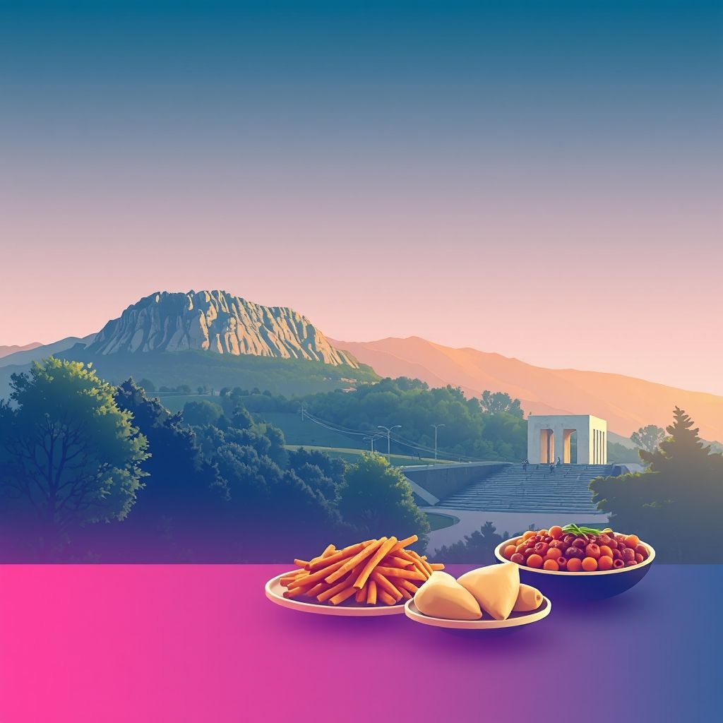 Ultra-high-definition gradient illustration of Komuna e Pezës, Bashkia Tirane, Tirana, Albania, featuring Dajti National Park, the Peza Conference Memorial, and Tavë Kosi.