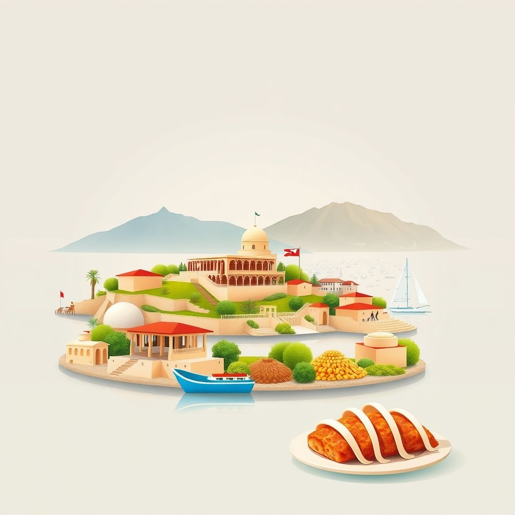 Ultra-high-definition gradient illustration of Orikum, Vlore, Albania, featuring Orikum Archaeological Park, the Bay of Vlore, and Tave Kosi.