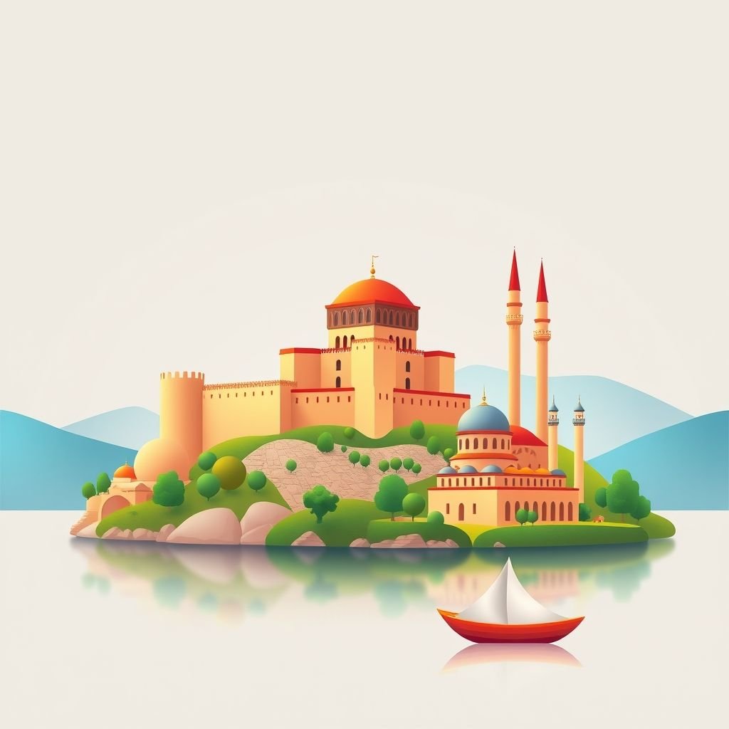 Ultra-high-definition gradient illustration of Komuna e Ana e Malit, featuring Rozafa Castle, Lake Shkodra, the Lead Mosque, and Tavë Kosi.