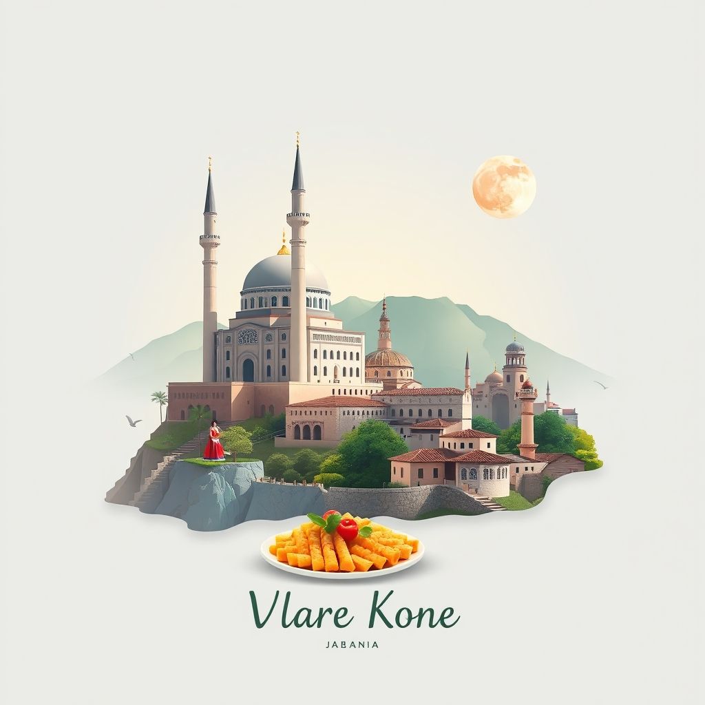 Ultra-high-definition gradient illustration of Vlore County, Albania, featuring the Muradie Mosque, Kanina Castle, traditional folk costumes, and Tave Kosi.