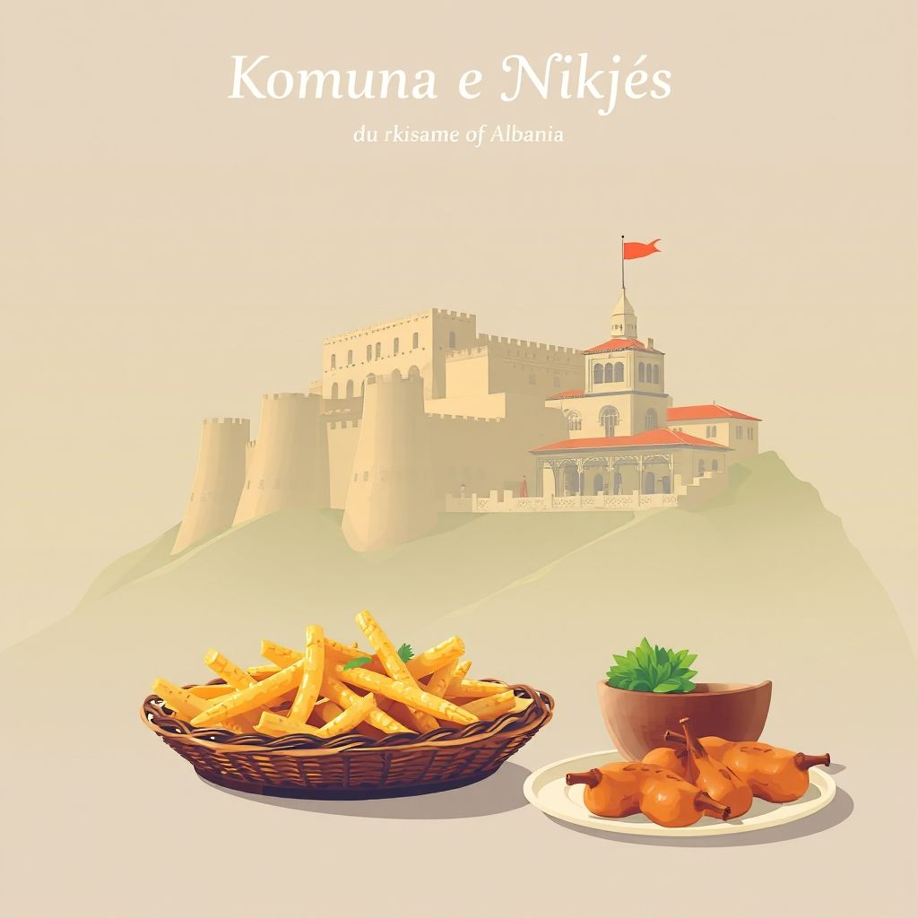 Gradient illustration of Komuna e Niklës, Bashkia Kruje, Durres County, Albania, featuring Kruje Castle, Old Bazaar of Kruje, and tavë kosi.