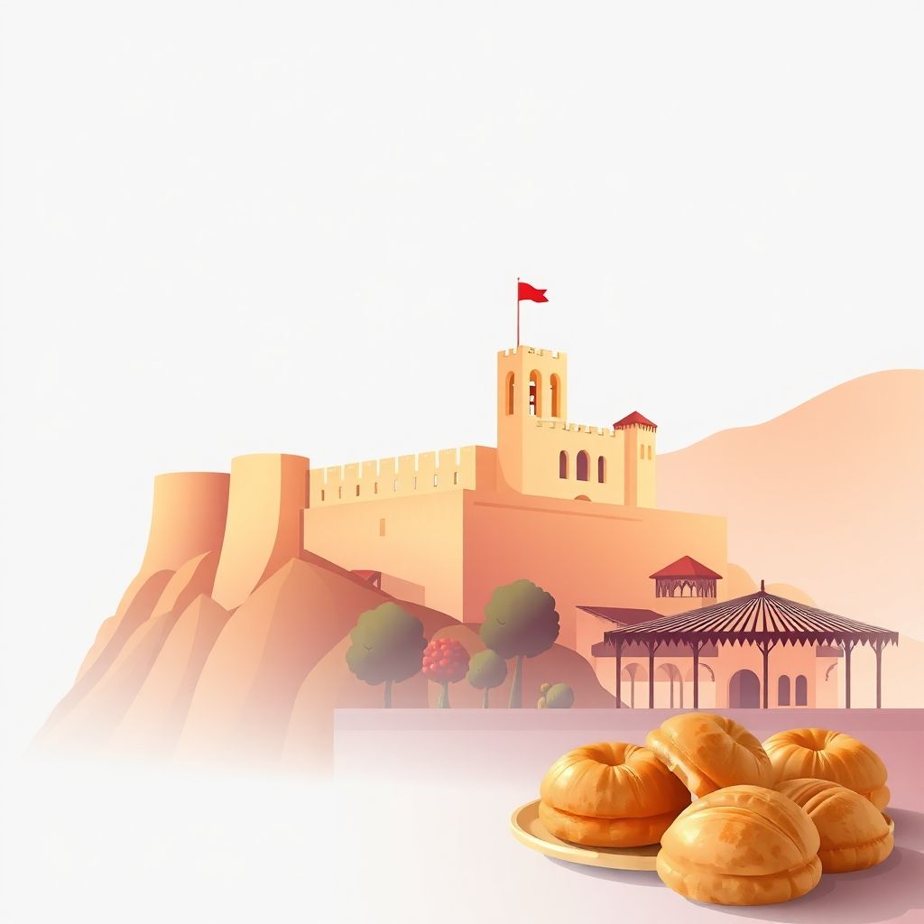 Ultra-high-definition gradient illustration of Milot, featuring the historic Milot Castle and traditional Albanian pastries.