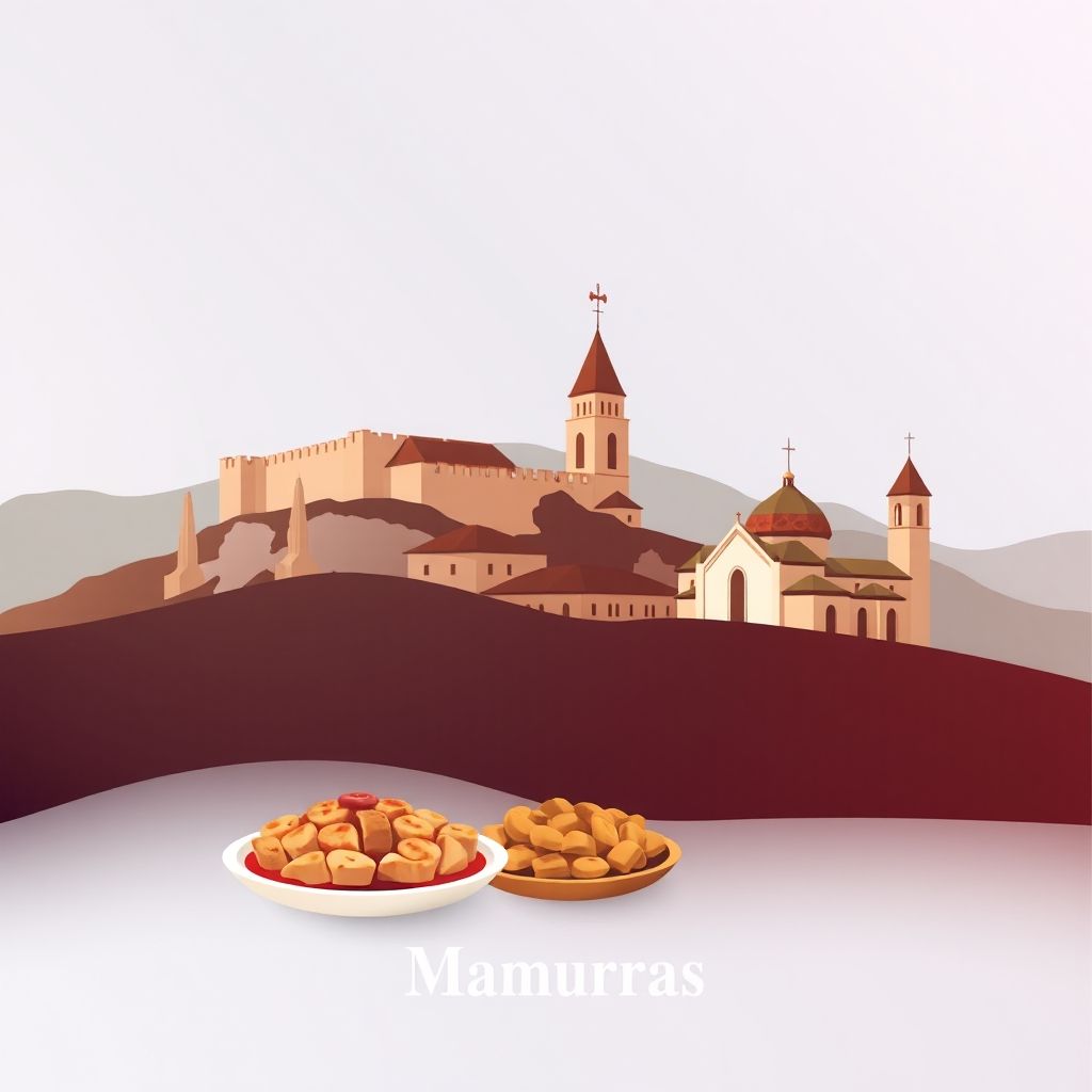 Gradient illustration of Mamurras, Albania, featuring the Castle of Lezhe, the Church of St. Nicholas, and tave kosi.