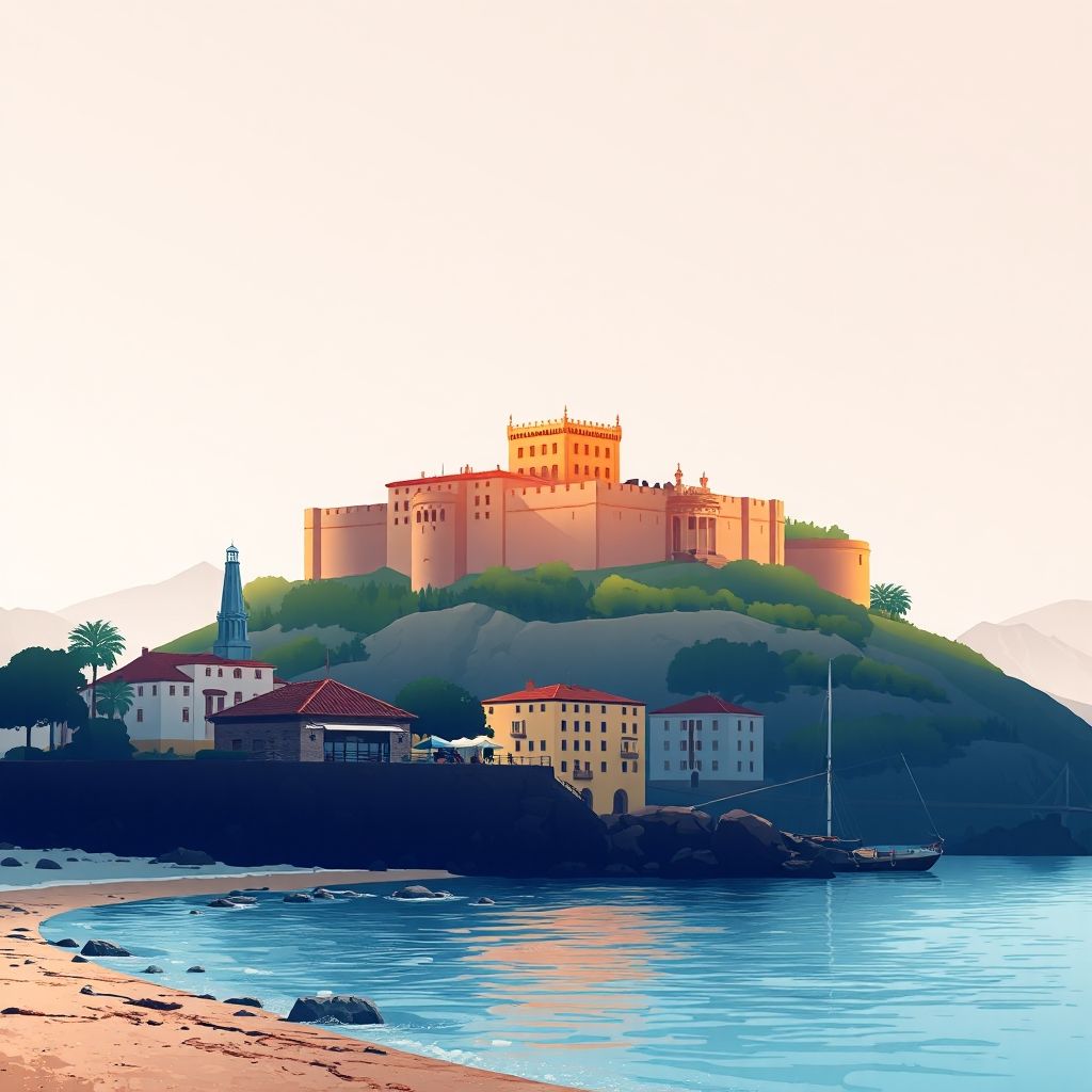 Ultra-high-definition gradient illustration of Kavaje, Tirana, Albania, featuring Kavaje Castle, Adriatic Sea beaches, and Tavë Kosi.