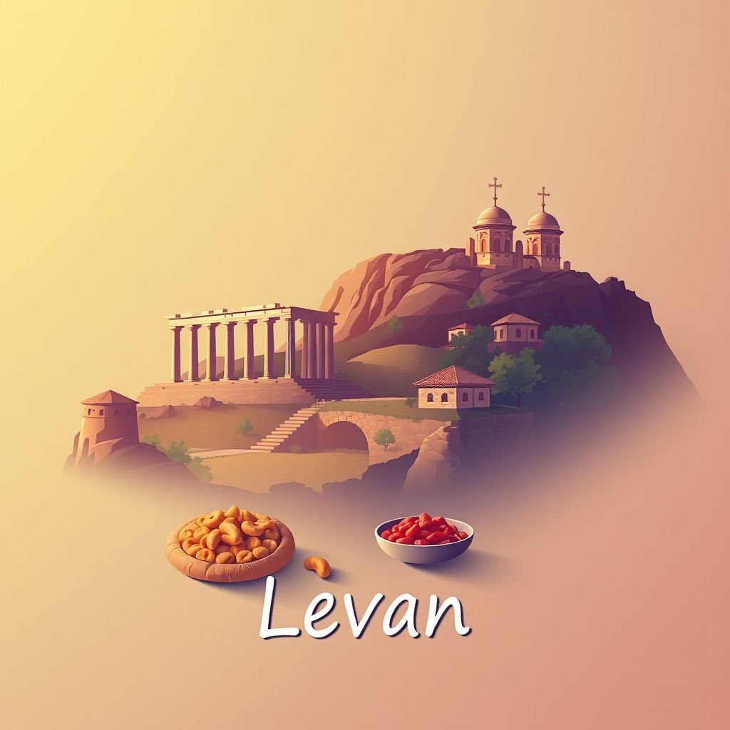 Ultra-high-definition gradient illustration of Levan, Albania, featuring the ancient ruins of Apollonia, Ardenica Monastery, and tavë kosi.