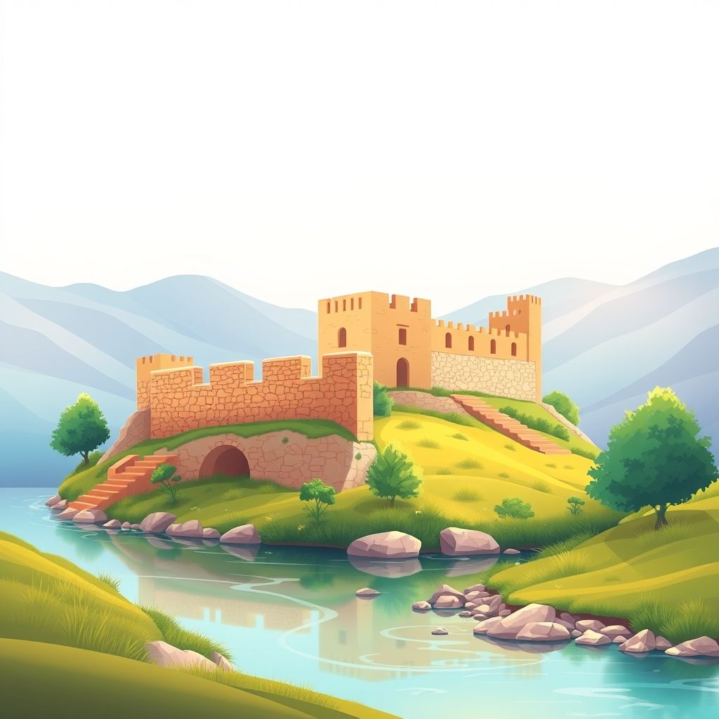 Ultra-high-definition gradient illustration of Laç, Albania, featuring Laç Castle ruins, Mat River, and Tavë Kosi.