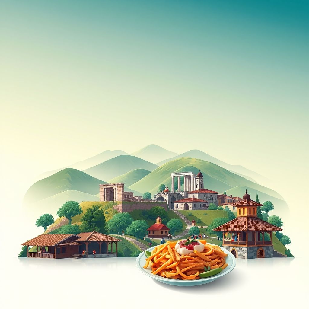 Ultra-high-definition gradient illustration of Komuna e Kutës, Bashkia Mallakaster, Fier County, Albania, featuring the ancient ruins of Apollonia, rolling hills, traditional architecture, and local markets.