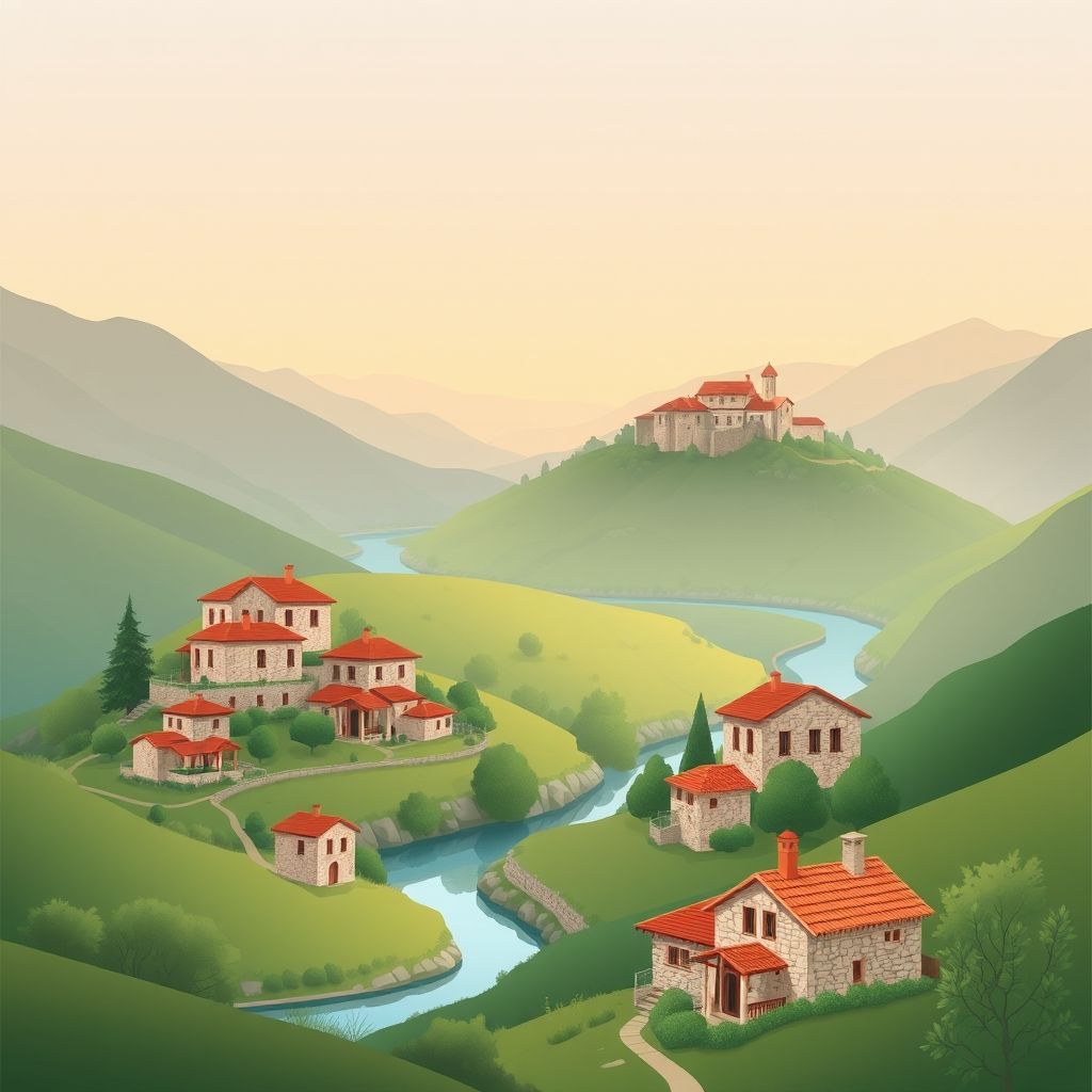 Gradient illustration of Komuna e Kutallit, Albania with Osumi River, Berat Castle, and traditional houses.