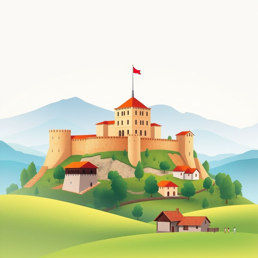 Ultra-high-definition gradient illustration of Roskovec, Fier County, Albania, featuring Roskovec Castle, countryside landscapes, traditional folk costumes, and tavë kosi.