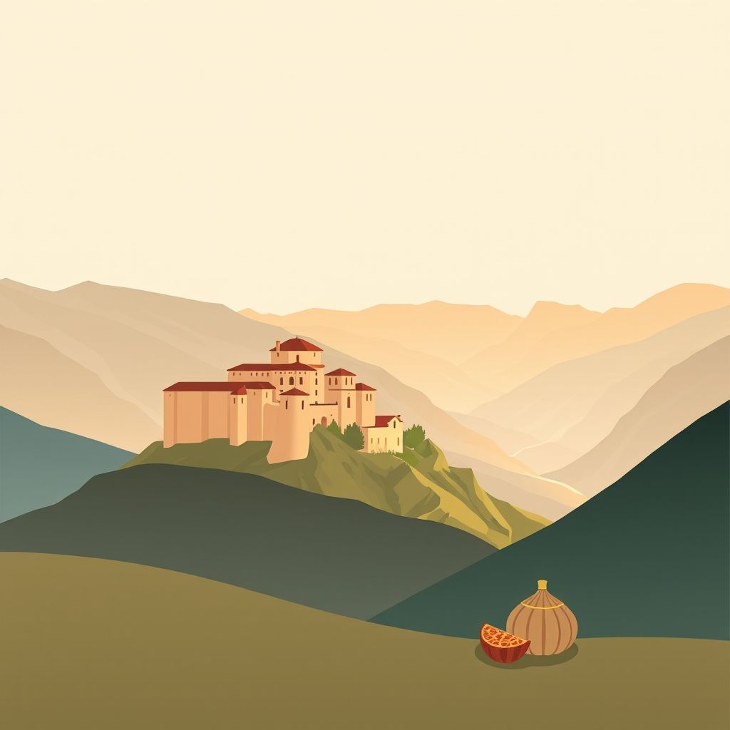 Ultra-high-definition gradient illustration of Komuna e Krutjës, Albania, featuring Berat Castle, Osumi Canyon, and traditional Albanian cuisine like Tavë Kosi.