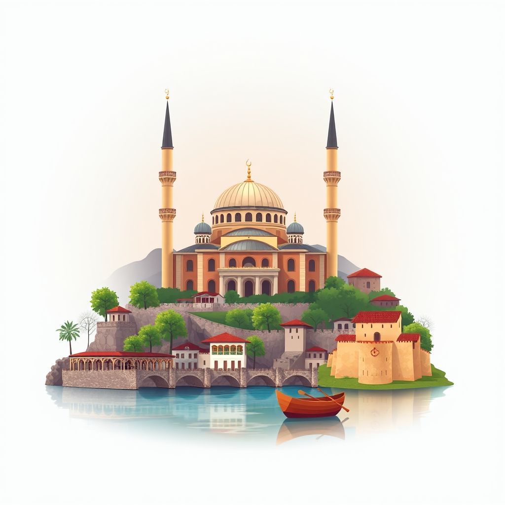 Ultra-high-definition gradient illustration of Komuna e Kotës, Bashkia Selenice, Vlore County, Albania, featuring Muradie Mosque, Vjosa River, Kanina Castle, and tavë kosi.