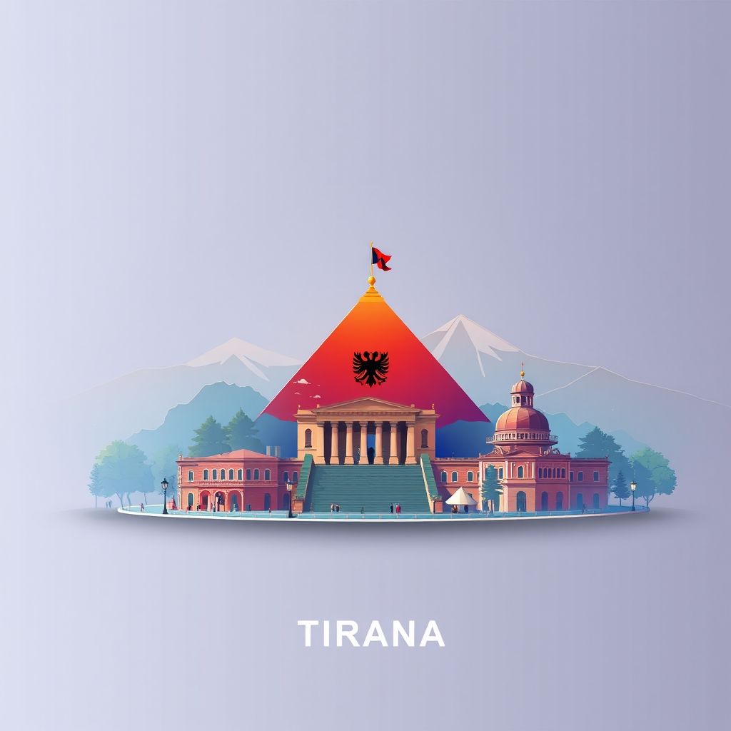 Ultra-high-definition gradient illustration of Komuna e Kasharit, Bashkia Tirane, Tirana, Albania, featuring Skanderbeg Square, the Pyramid of Tirana, traditional folk dances, and Tavë Kosi.