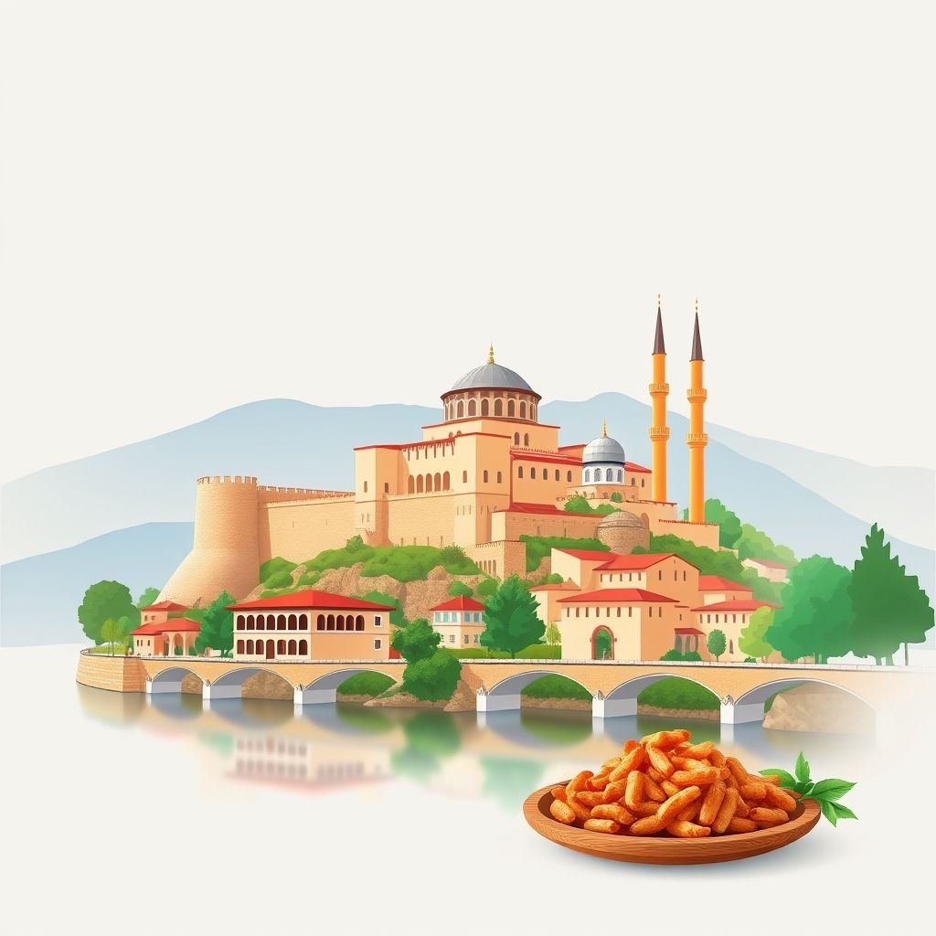 Ultra-high-definition gradient illustration of Karinës, Albania, featuring Berat Castle, King Mosque, Shkumbin River, and Tavë Kosi.