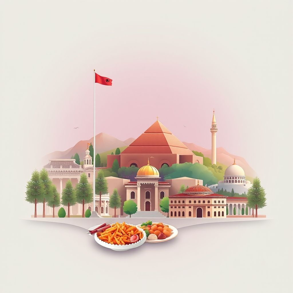 Ultra-high-definition gradient illustration of Bashkia e Kamzës, Bashkia Kamez, Tirana, Albania, featuring Skanderbeg Square, the Pyramid of Tirana, traditional folk dances, Et'hem Bey Mosque, and Tavë Kosi.