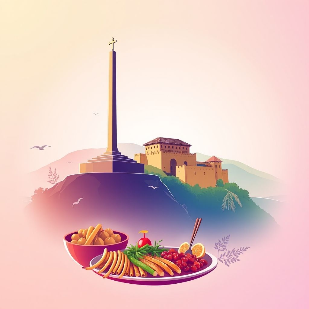 Ultra-high-definition gradient illustration of Komuna e Kallmetit, Bashkia Lezhe, Lezhe County, Albania, featuring the Skanderbeg Memorial, Lezha Castle, scenic landscape, and Tavë Kosi.