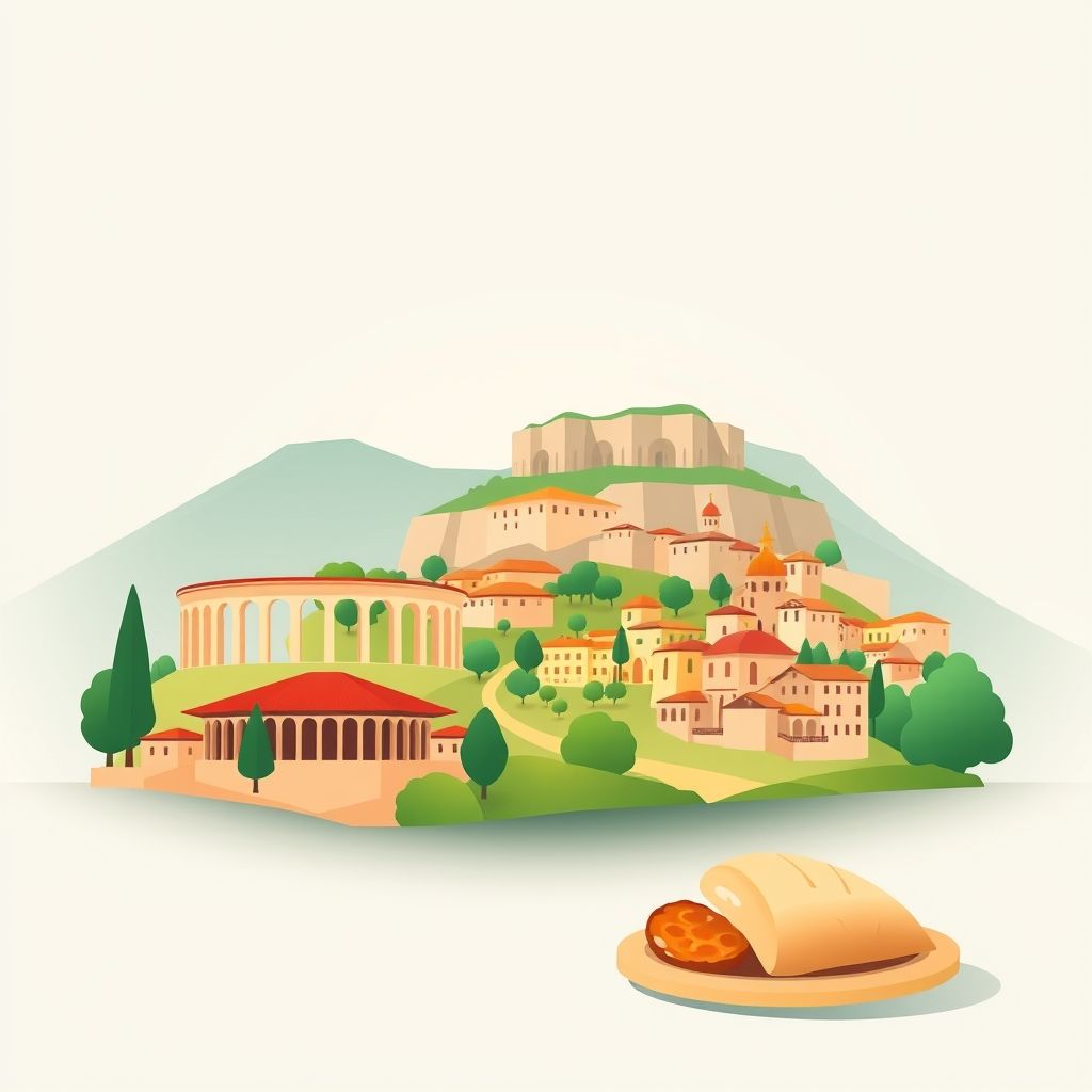 Gradient illustration of Komuna e Kajanit, Bashkia Belsh, Elbasan County, Albania, featuring the Belsh Amphitheater, historic sites, landscapes, traditional architecture, and tavë kosi.