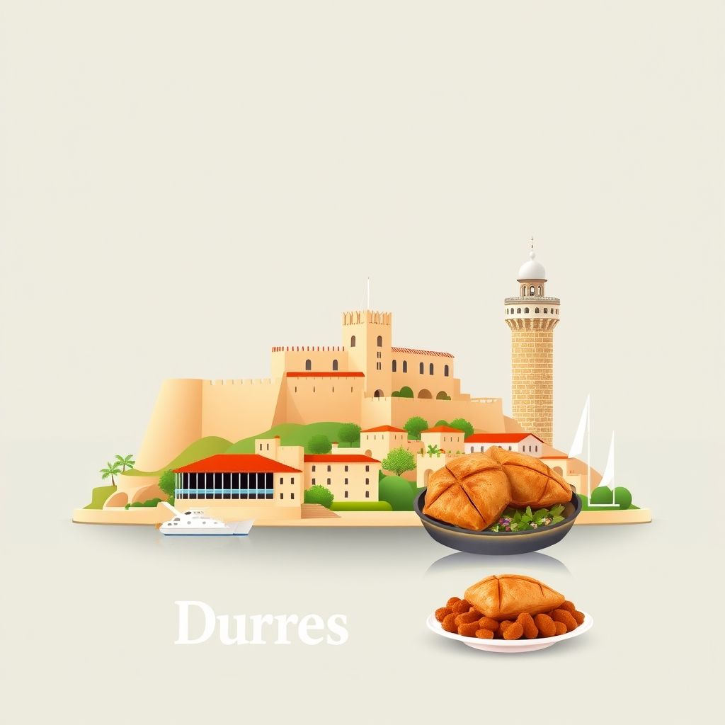 Gradient illustration of Durres County, Albania, featuring Durres Castle, the Venetian Tower, and the local specialty Tave Kosi.