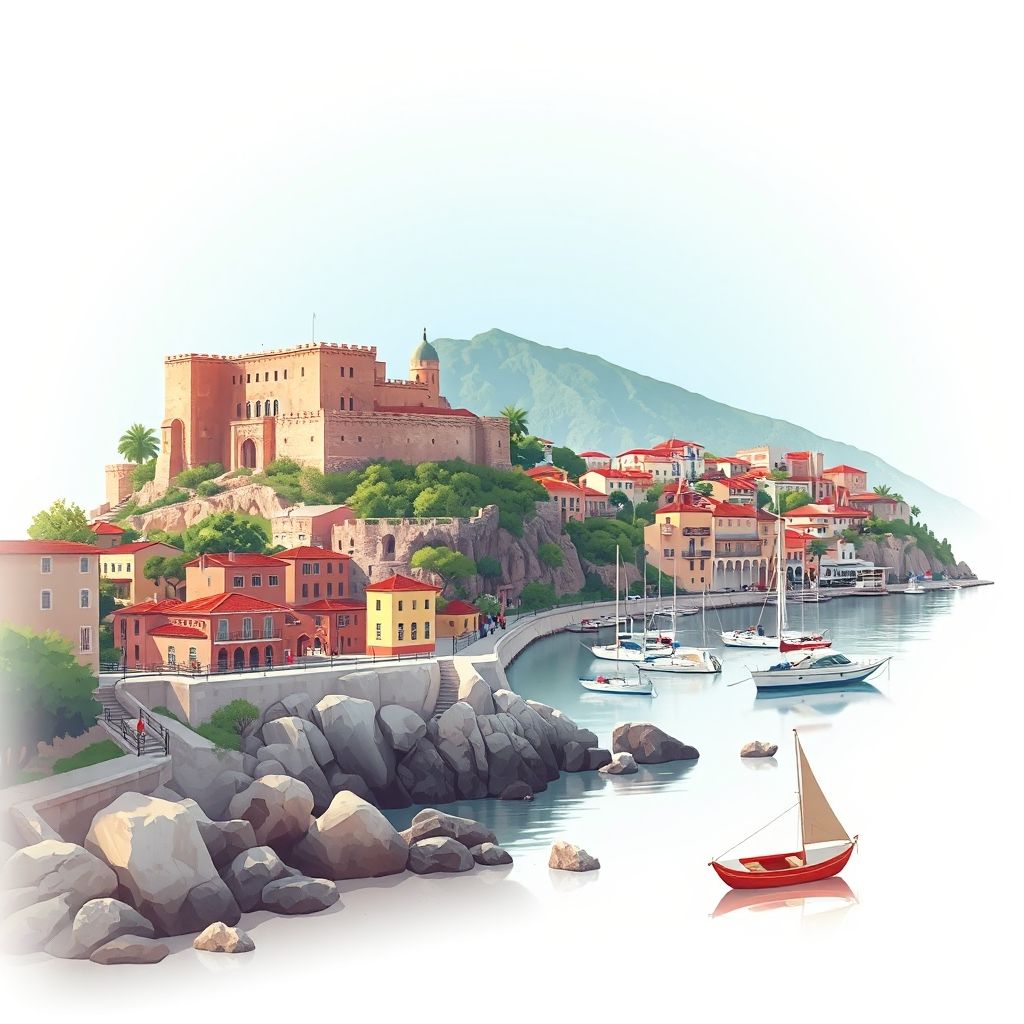 Ultra-high-definition gradient illustration of Bashkia e Himarës, featuring Himara Castle, Albanian Riviera beaches, and traditional Albanian cuisine.