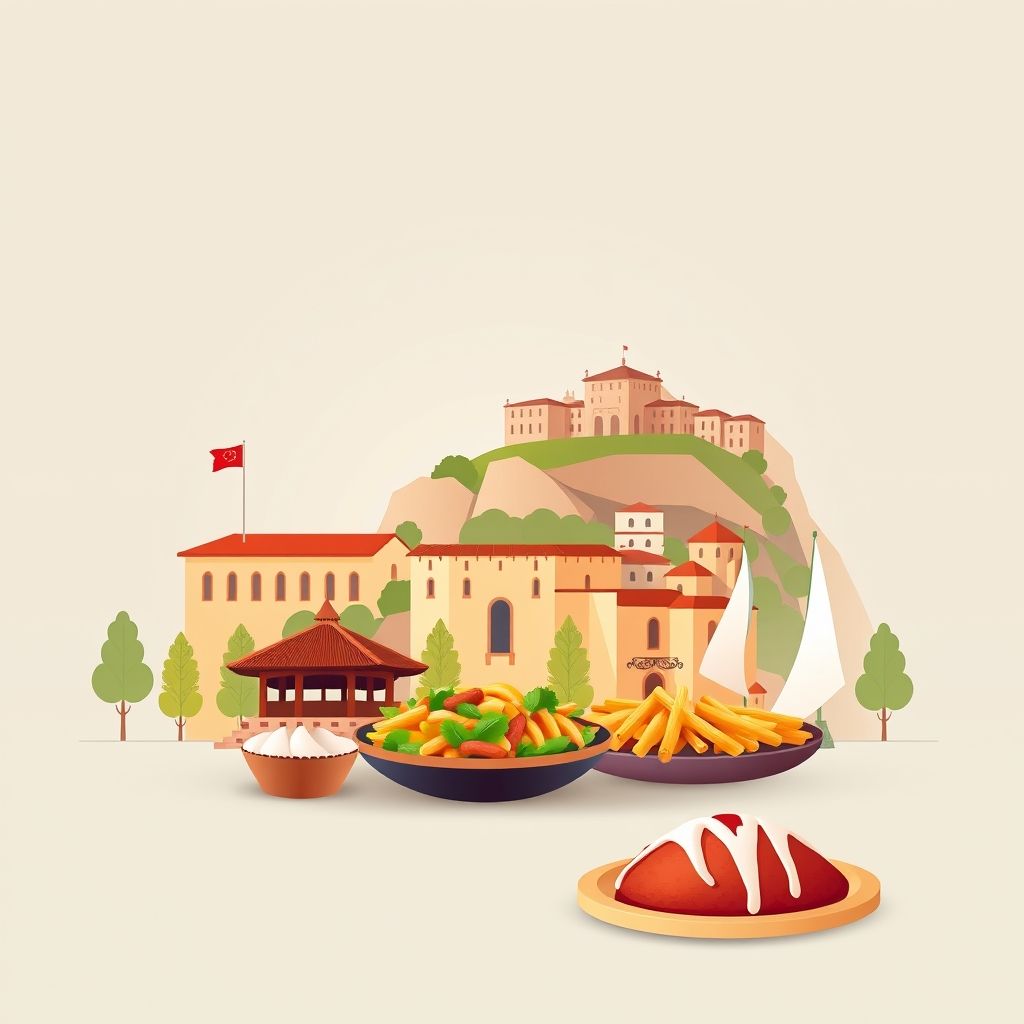 High-definition gradient illustration of Komuna e Helmasit, Bashkia Kavaje, Tirana, Albania, featuring Skanderbeg Square, Kruje Castle, and Tave Kosi.