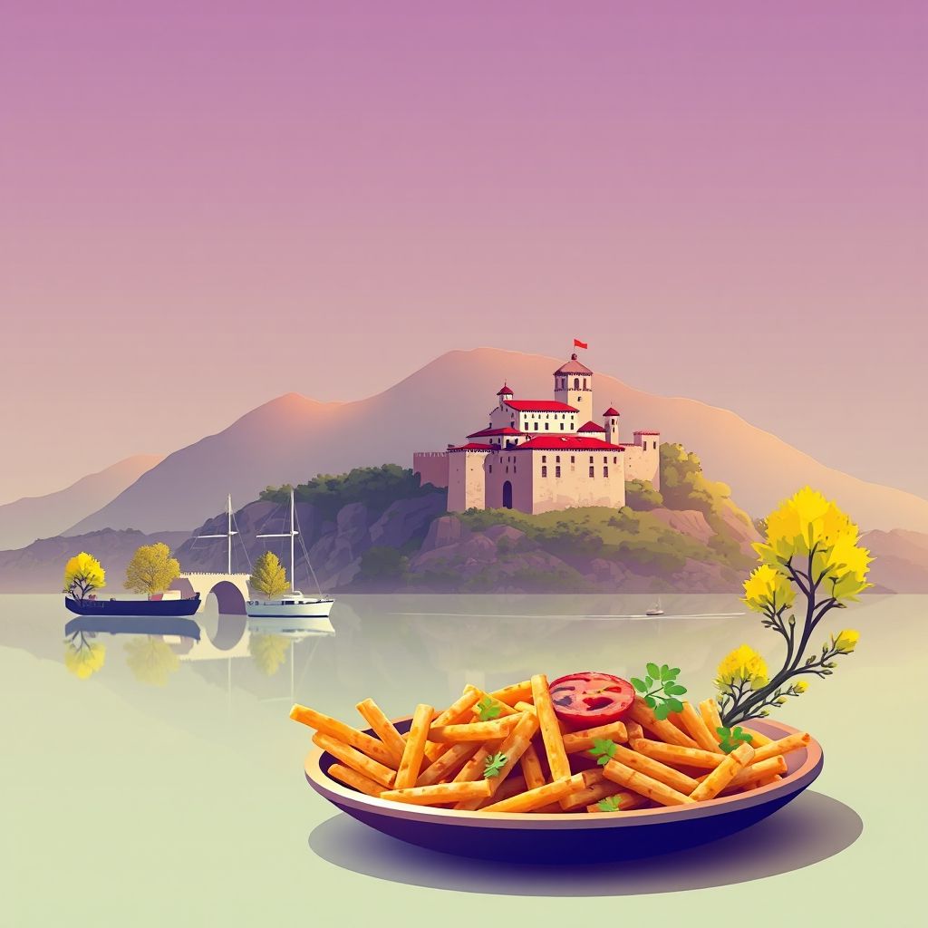 Ultra-high-definition gradient illustration of Komuna e Gurit i Zi, featuring Rozafa Castle, Lake Shkodra, and Tavë Kosi, highlighting the region's unique charm.