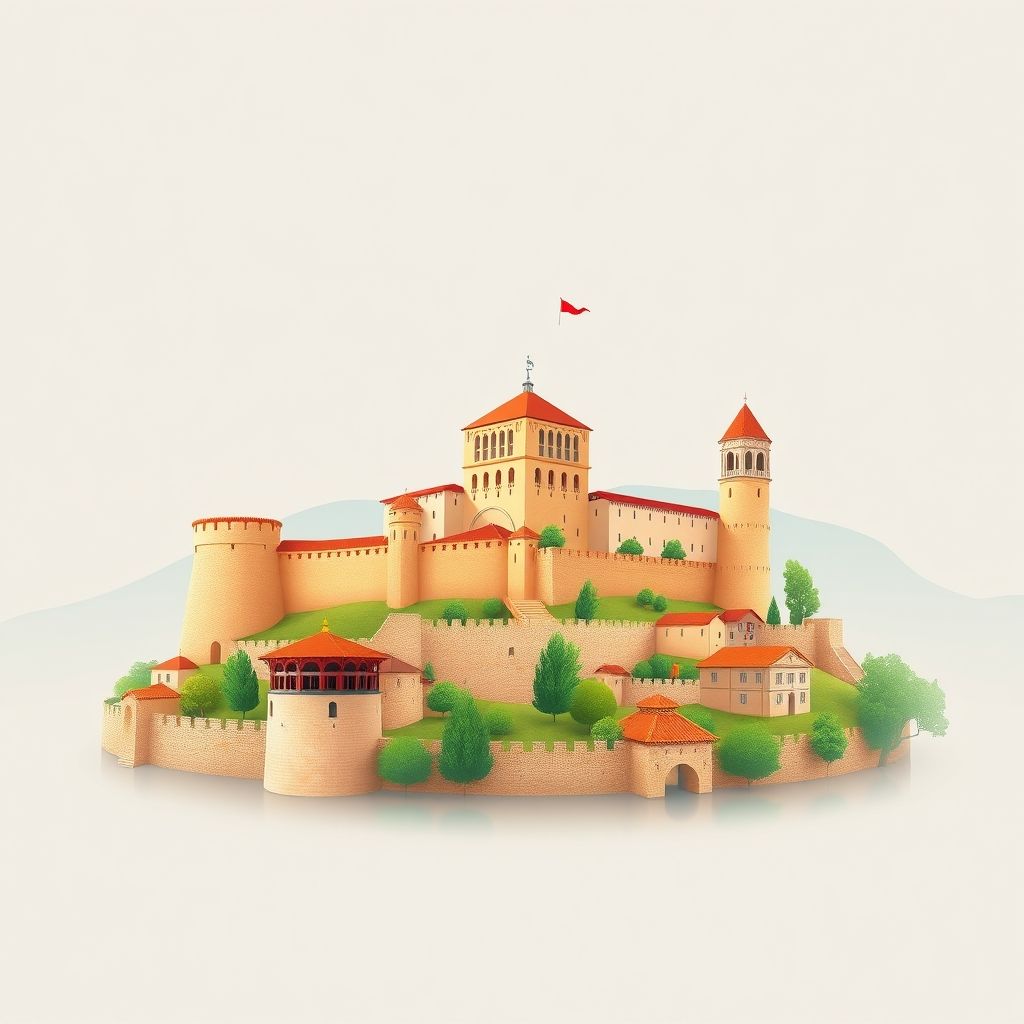 Ultra-high-definition gradient illustration of Gracen, featuring Elbasan Castle, historic city walls, and Albanian cuisine like tavë kosi.