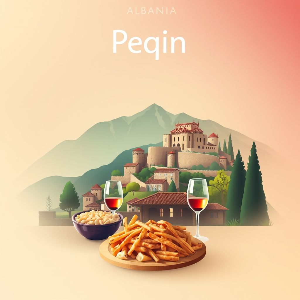 Ultra-high-definition gradient illustration of Peqin, Elbasan County, Albania, featuring Peqin Castle, Cobo Winery, and tavë kosi.