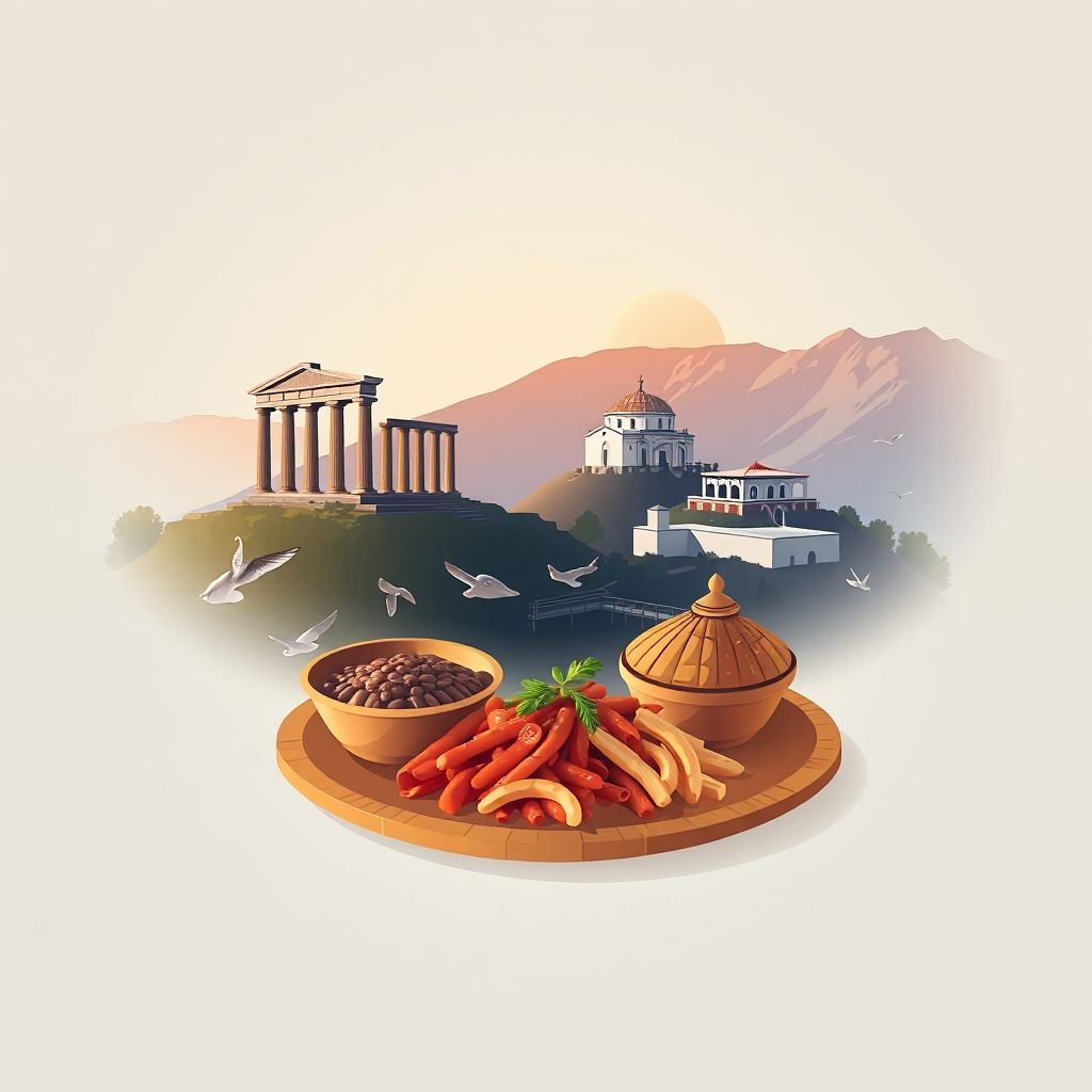 Ultra-high-definition gradient illustration of Komuna e Frakullës, featuring the ancient ruins of Apollonia, Ardenica Monastery, Byllis archaeological site, and Tavë Kosi.