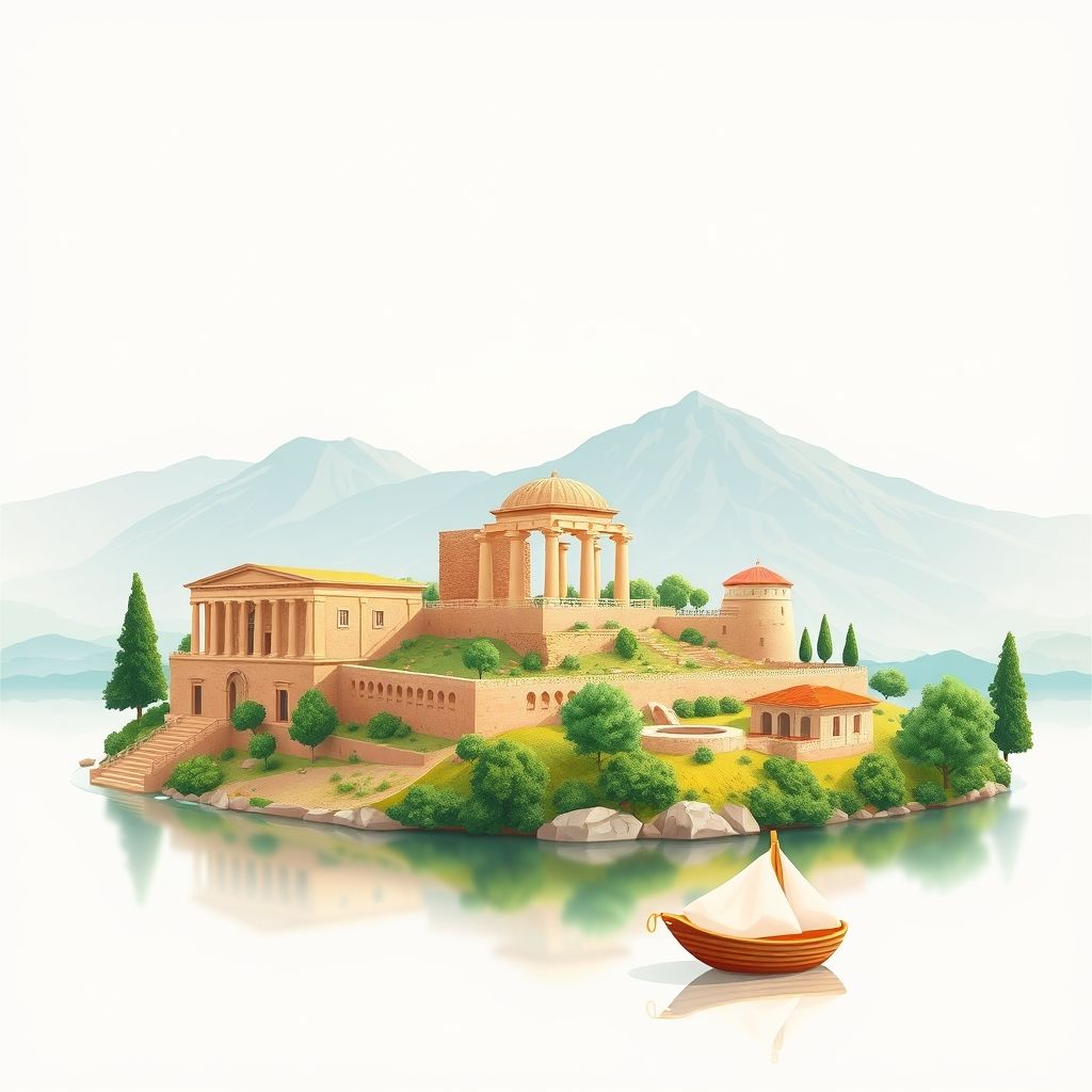 Ultra-high-definition gradient illustration of Bashkia e Fierit, Albania, featuring Apollonia Archaeological Park, Seman River, and Albanian culture with Tavë Kosi.